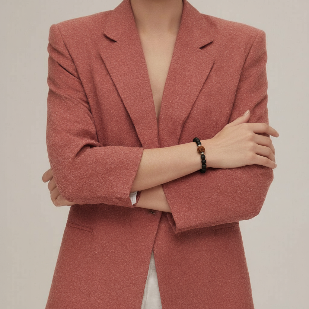 Person wearing a pink blazer with a neutral background with 7 mukhi rudraksha