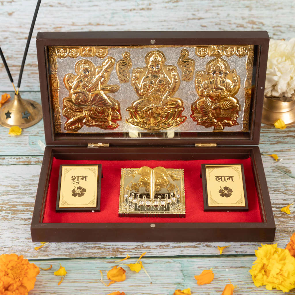 Gold Plated Lakshmi Ganesh Saraswati Charan Paduka in Brown Pooja Box