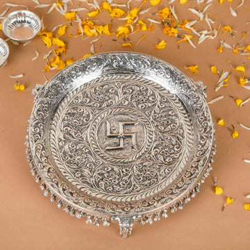 Intricately Designed Silver Plated Pooja Thali Set with Floral Patterns (Copy) (Copy)