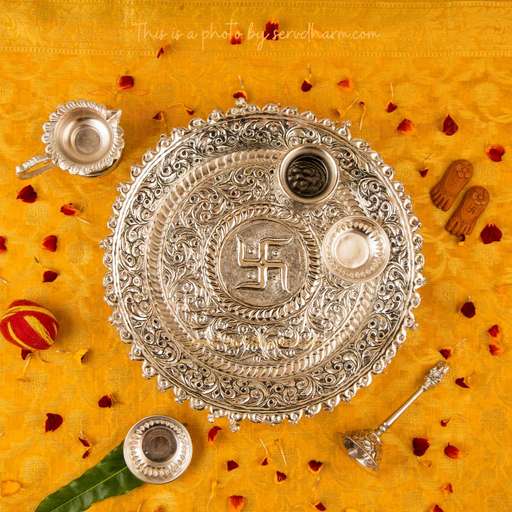 Intricately Designed Silver Pooja Thali Set with Elephant Trunk Shaped Stand